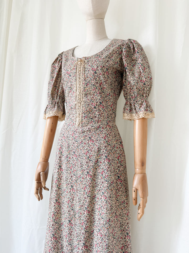 Absolutely Stunning 1970s Thick Natural Raw Floral Cotton Corset Bodice Maxi Dress