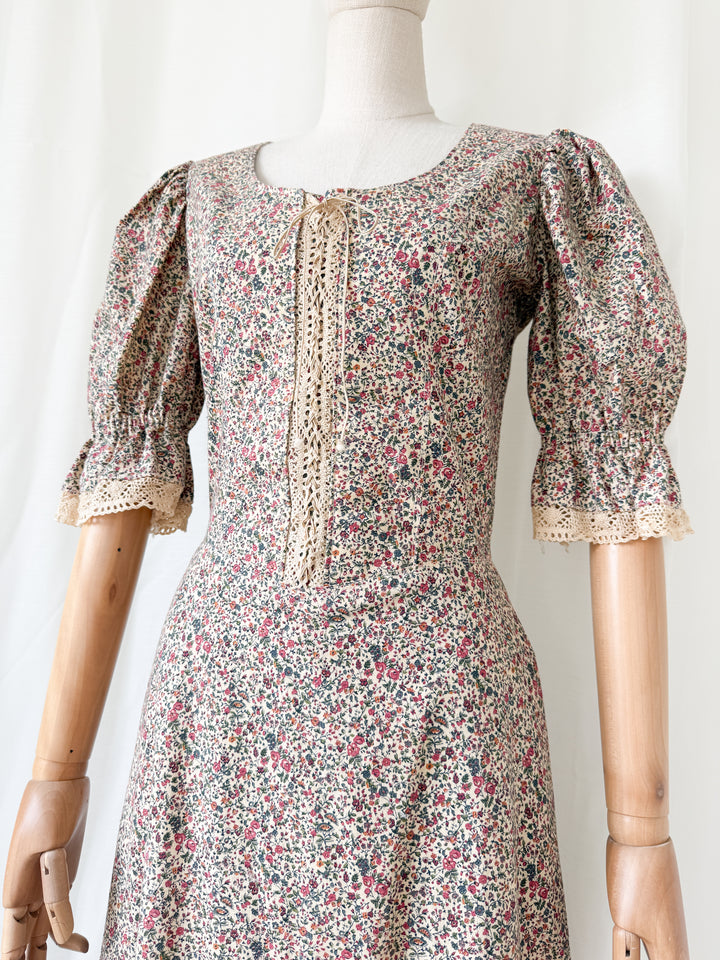 Absolutely Stunning 1970s Thick Natural Raw Floral Cotton Corset Bodice Maxi Dress