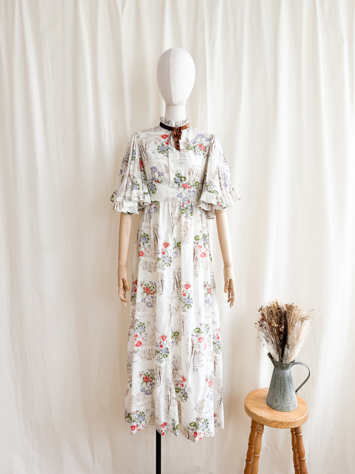 Gorgeous 1970s Soft Cotton Tree Print Flutter Sleeve Prairie Maxi Dress