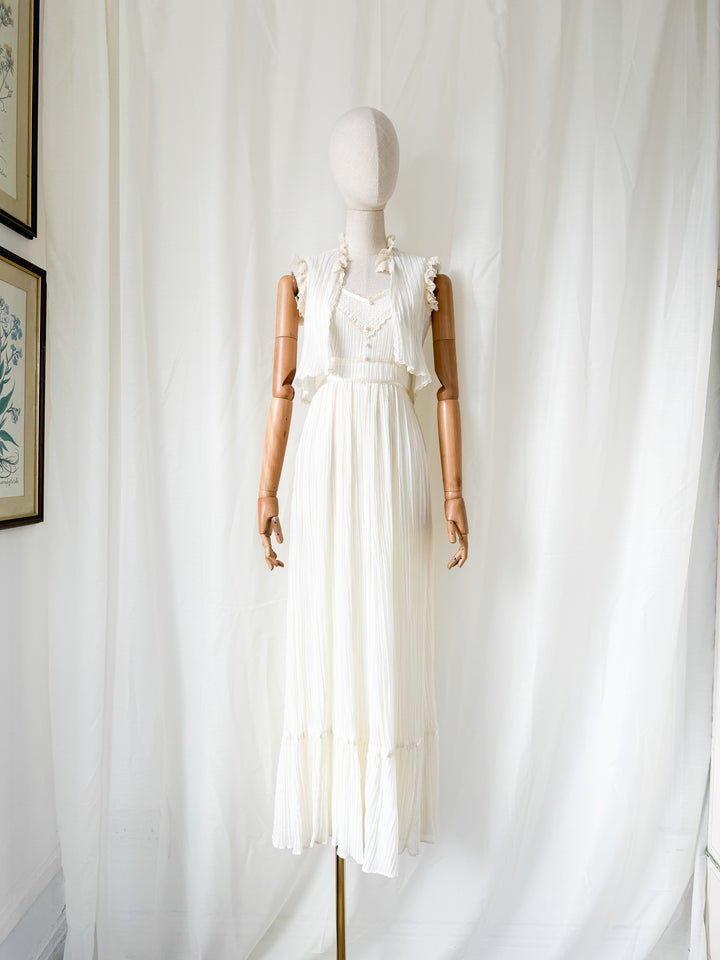 Angelic Rare 1970s Romantic Cotton Ivory Maxi Dress and Bolero Set