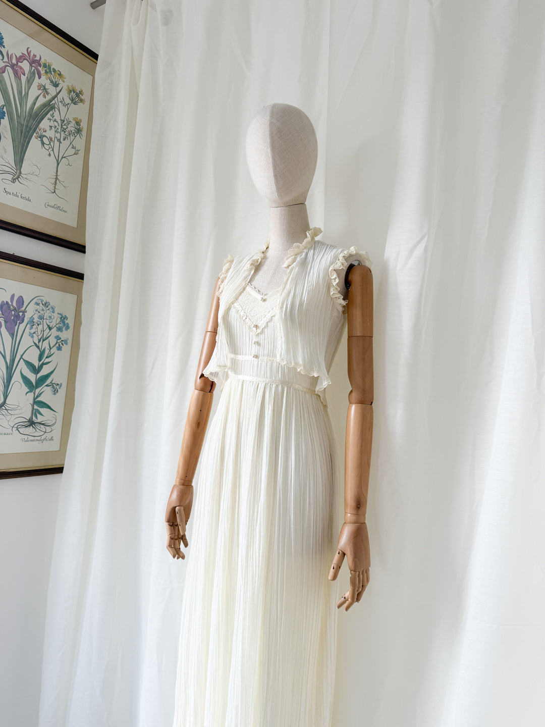 Angelic Rare 1970s Romantic Cotton Ivory Maxi Dress and Bolero Set