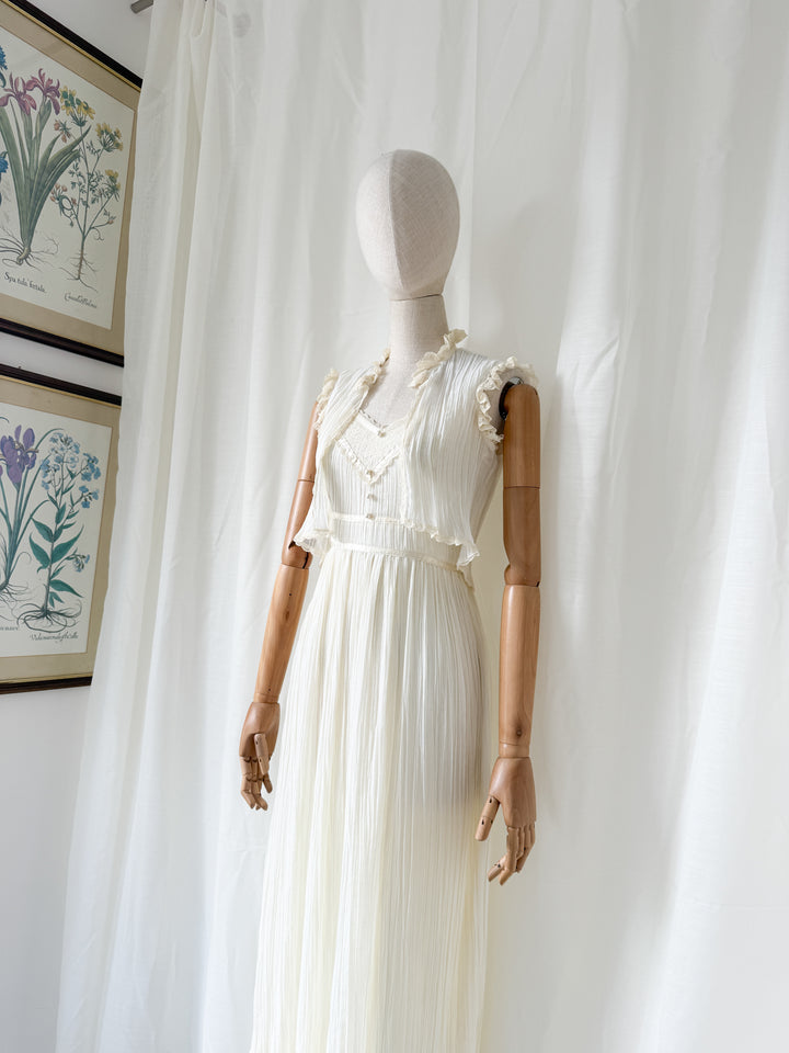 Angelic Rare 1970s Romantic Cotton Ivory Maxi Dress and Bolero Set