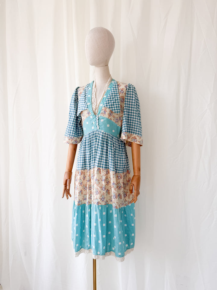 Insane Rare 1970s Cotton Patchwork Midi Dress