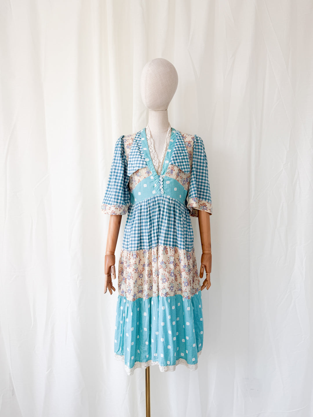Insane Rare 1970s Cotton Patchwork Midi Dress