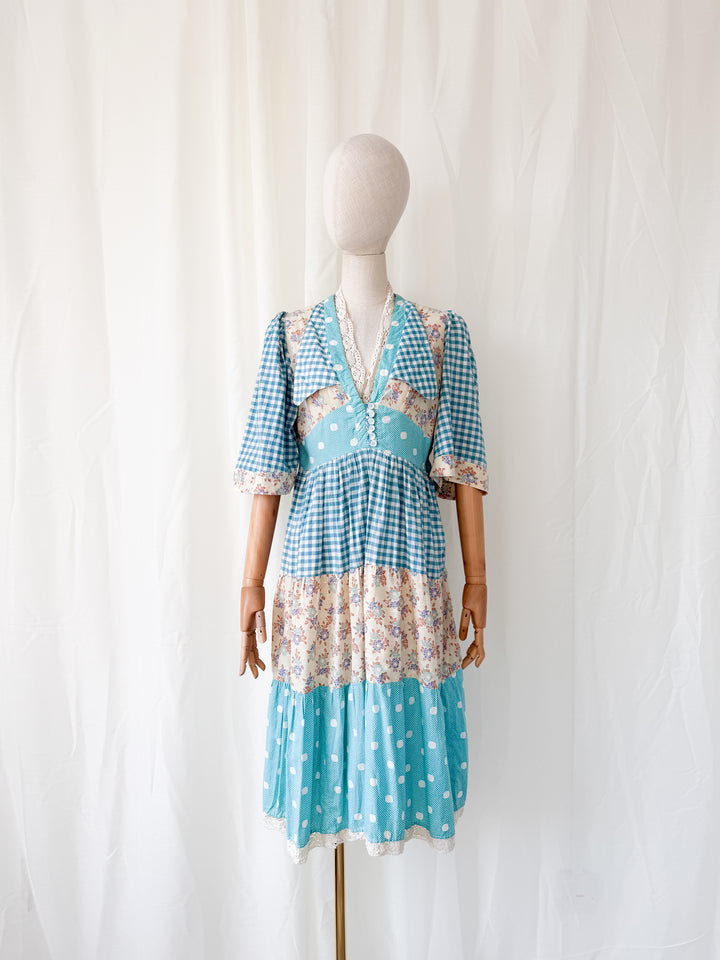 Insane Rare 1970s Cotton Patchwork Midi Dress
