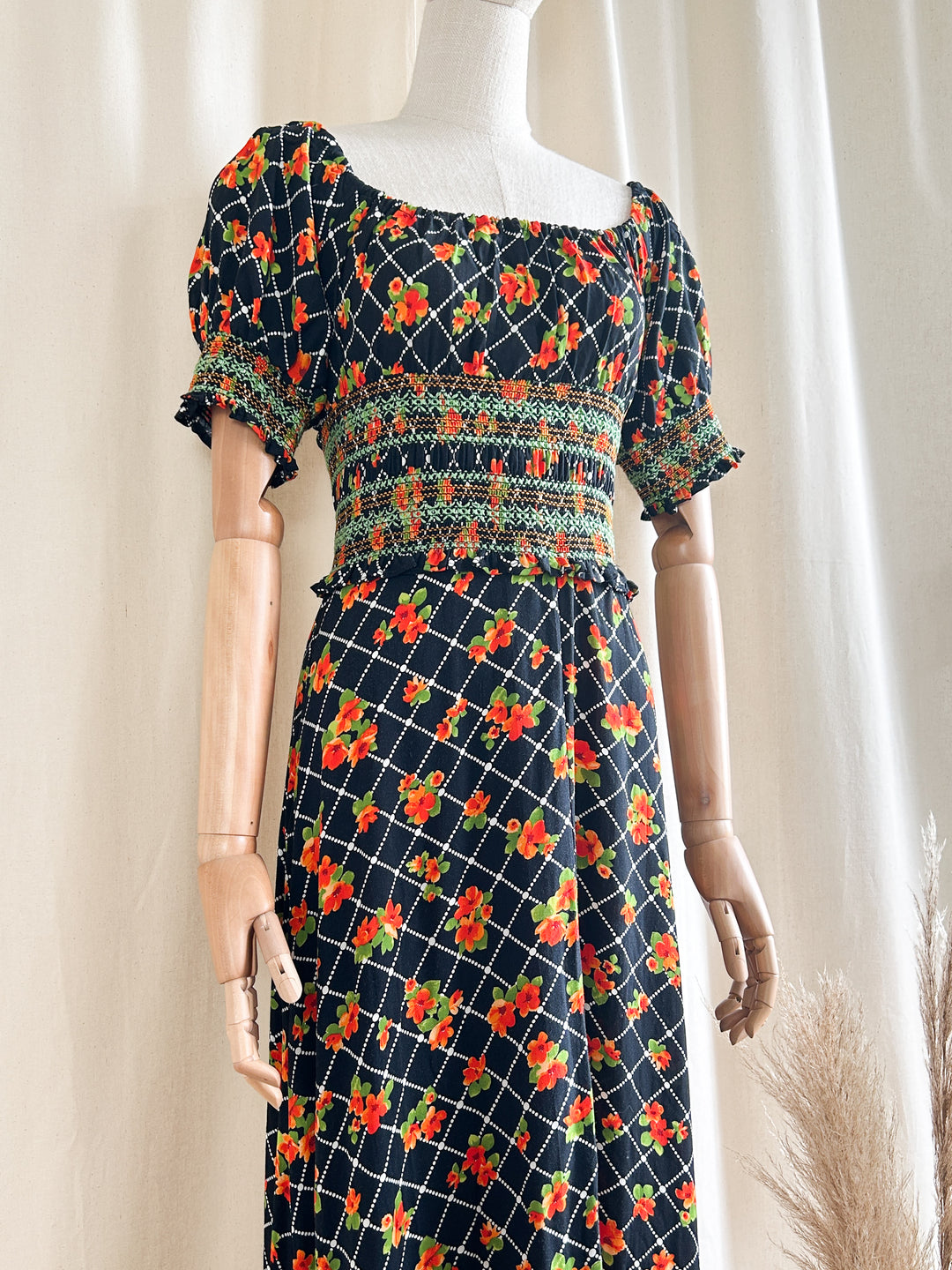 Amazing Tropical 1970s Cotton Smocked Maxi Dress