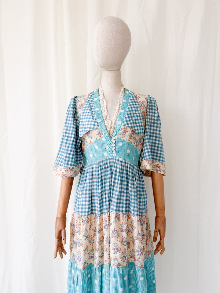 Insane Rare 1970s Cotton Patchwork Midi Dress