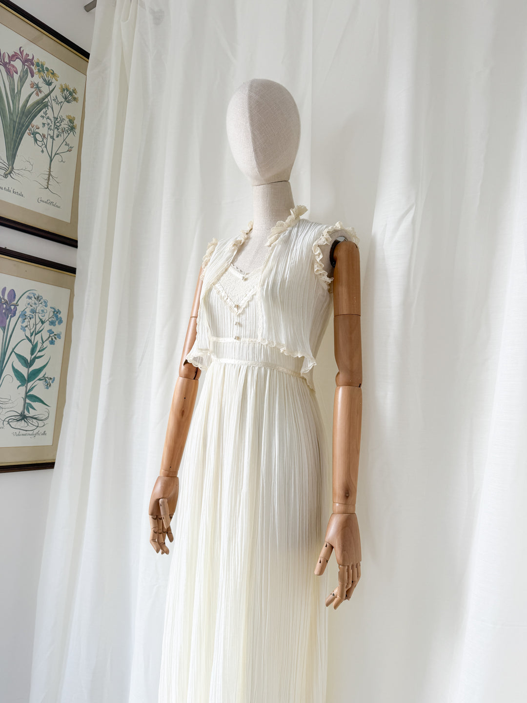 Angelic Rare 1970s Romantic Cotton Ivory Maxi Dress and Bolero Set