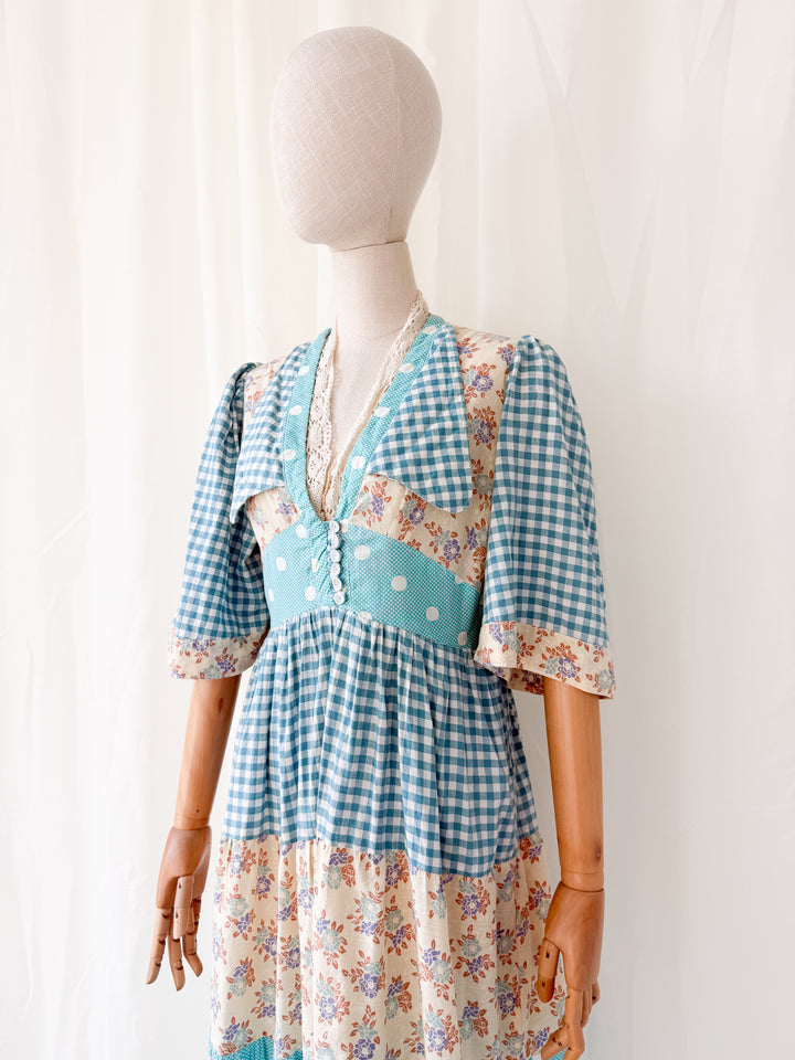 Insane Rare 1970s Cotton Patchwork Midi Dress