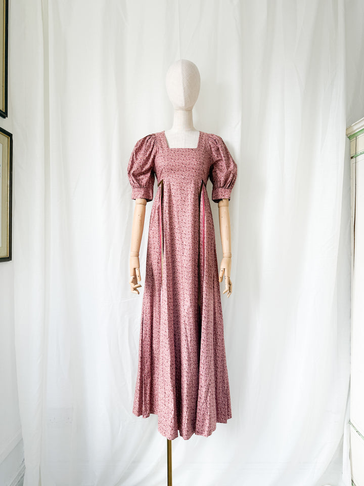 Beautiful Dusky Rose Pink 1970s Floral Cotton Puff Sleeve Maxi Dress