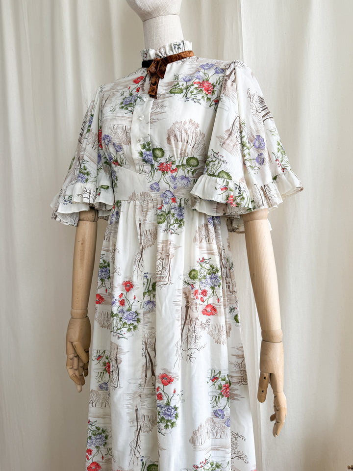 Gorgeous 1970s Soft Cotton Tree Print Flutter Sleeve Prairie Maxi Dress