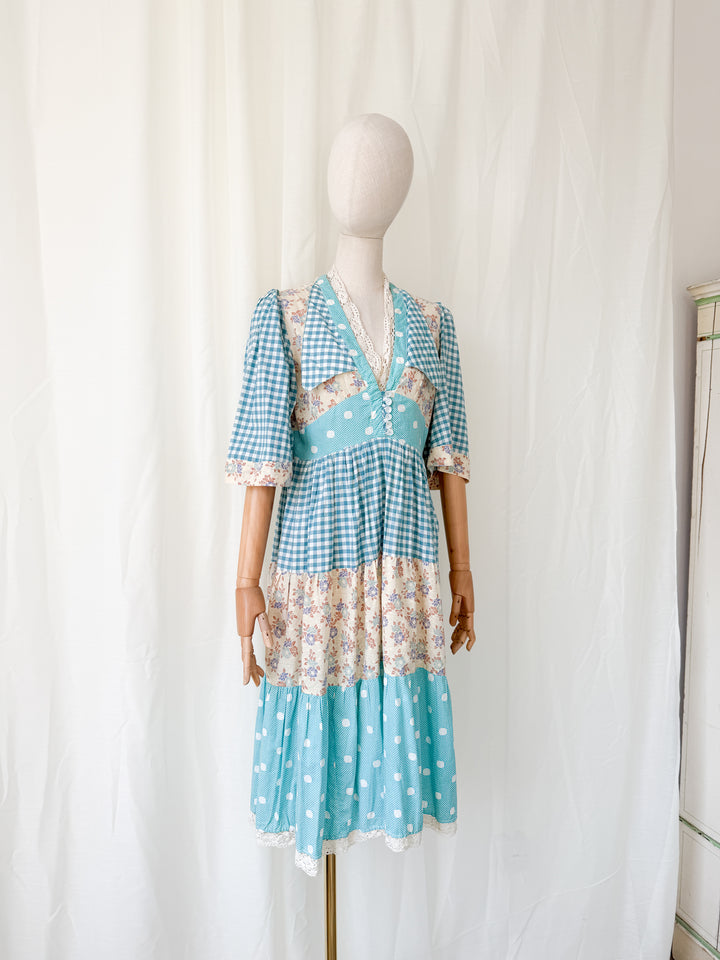 Insane Rare 1970s Cotton Patchwork Midi Dress