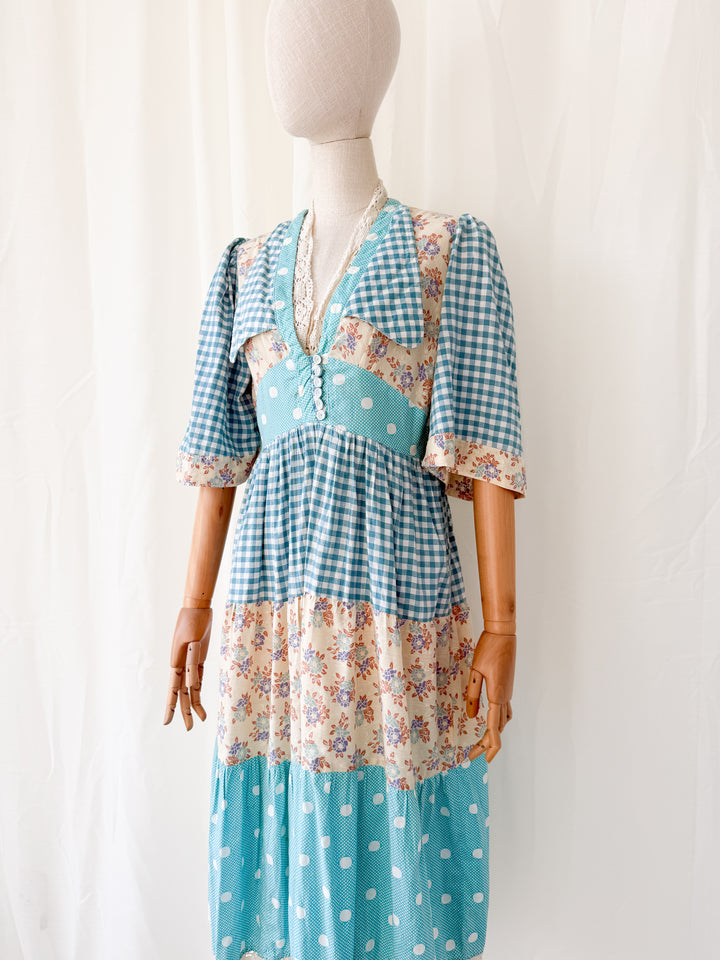 Insane Rare 1970s Cotton Patchwork Midi Dress