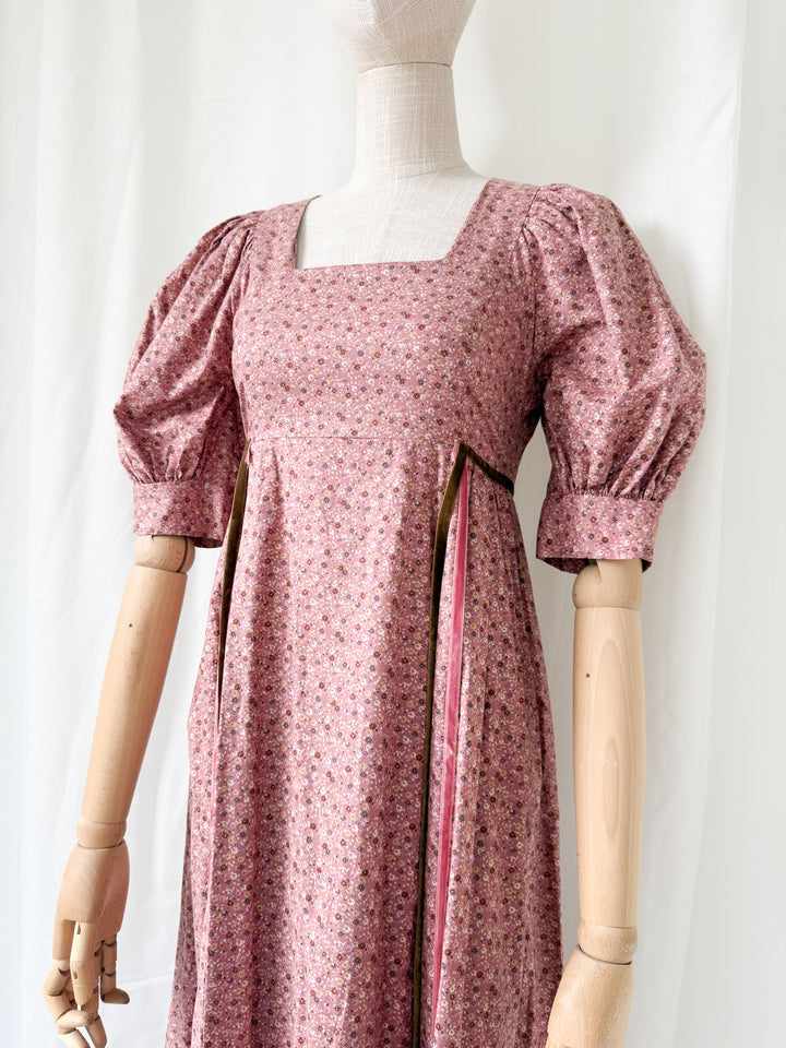 Beautiful Dusky Rose Pink 1970s Floral Cotton Puff Sleeve Maxi Dress