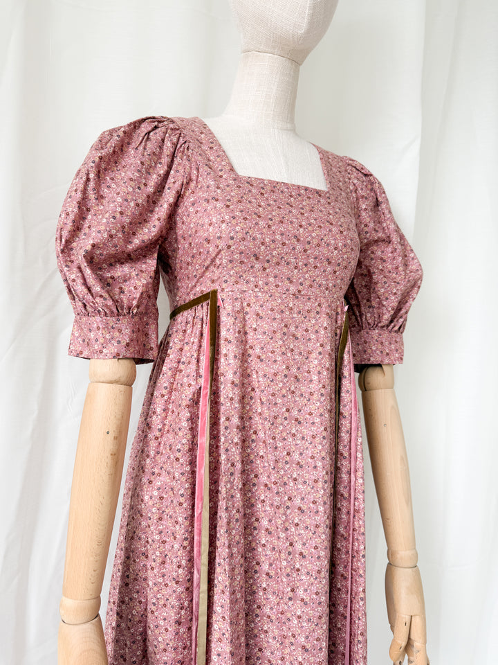 Beautiful Dusky Rose Pink 1970s Floral Cotton Puff Sleeve Maxi Dress