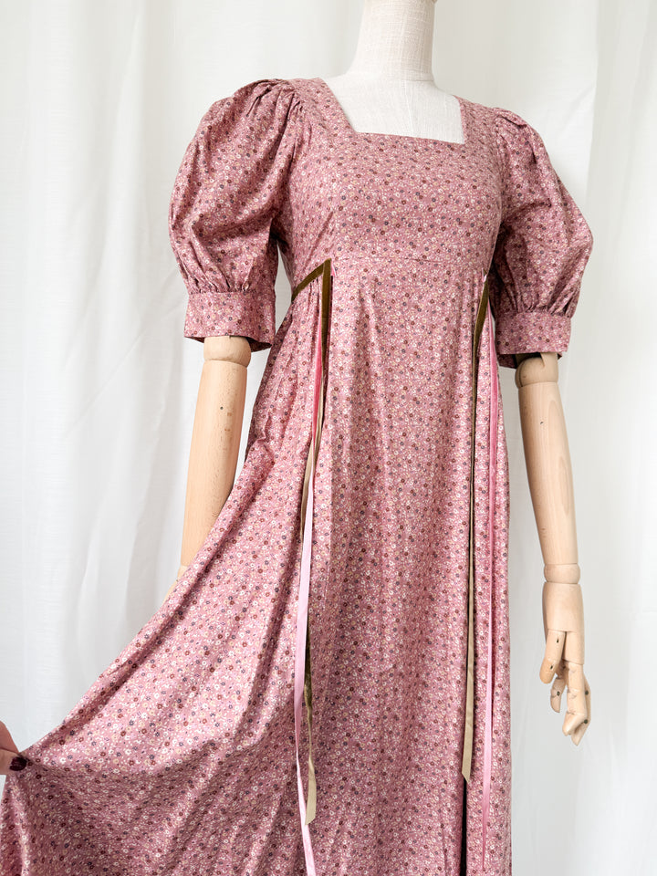 Beautiful Dusky Rose Pink 1970s Floral Cotton Puff Sleeve Maxi Dress