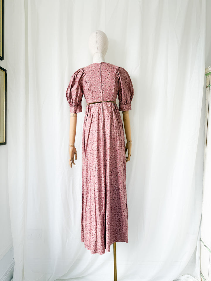 Beautiful Dusky Rose Pink 1970s Floral Cotton Puff Sleeve Maxi Dress
