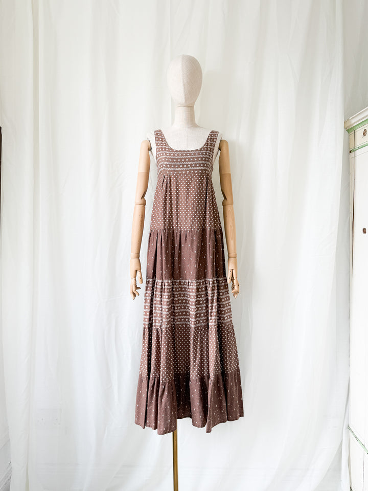 Gorgeous Soft Tawny Brown 1970s Cotton Bohemian Maxi Dress
