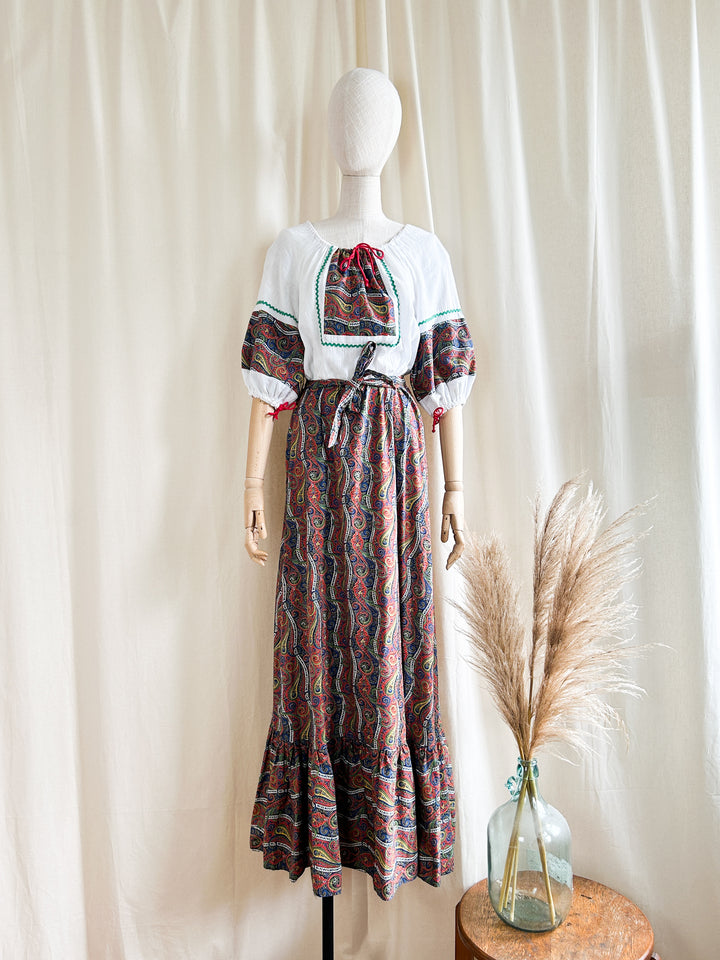 Stunning Cheesecloth Cotton Paisley Bohemian 1970s Maxi Dress