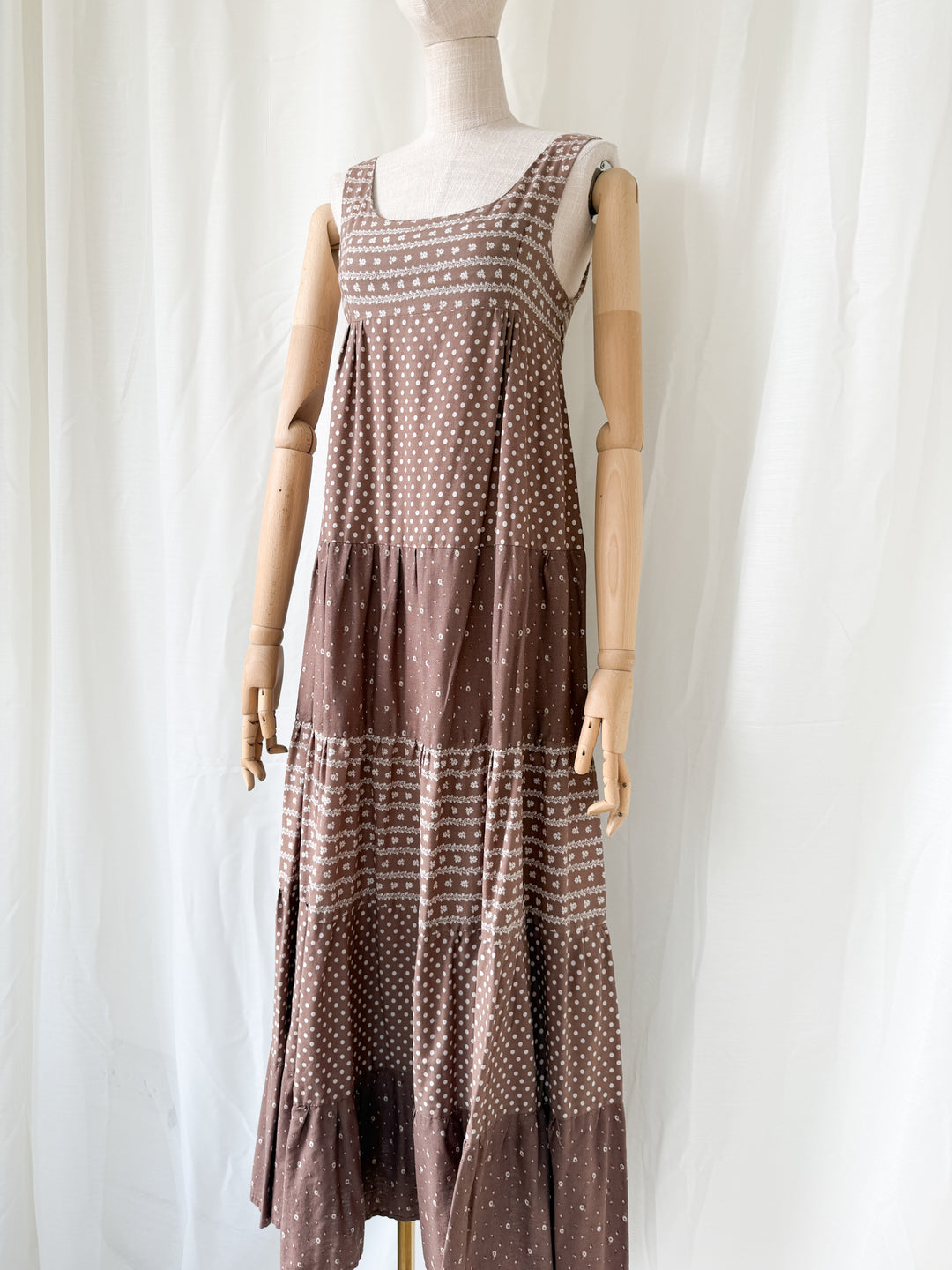 Gorgeous Soft Tawny Brown 1970s Cotton Bohemian Maxi Dress