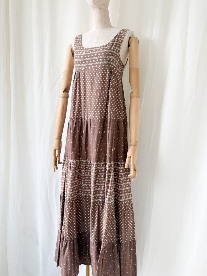 Gorgeous Soft Tawny Brown 1970s Cotton Bohemian Maxi Dress