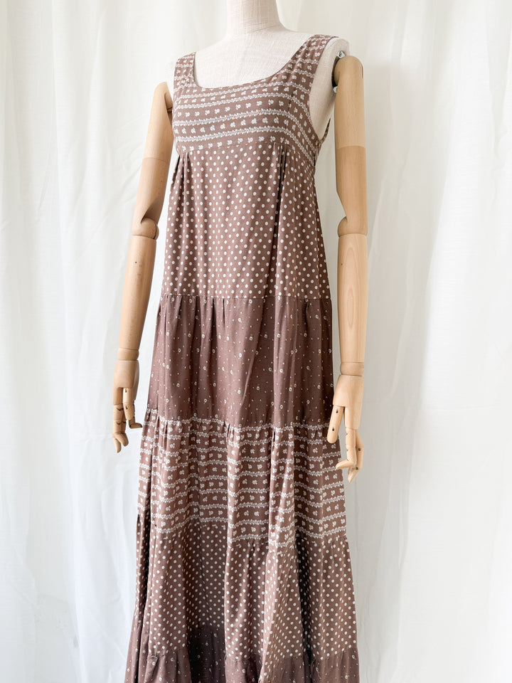 Gorgeous Soft Tawny Brown 1970s Cotton Bohemian Maxi Dress
