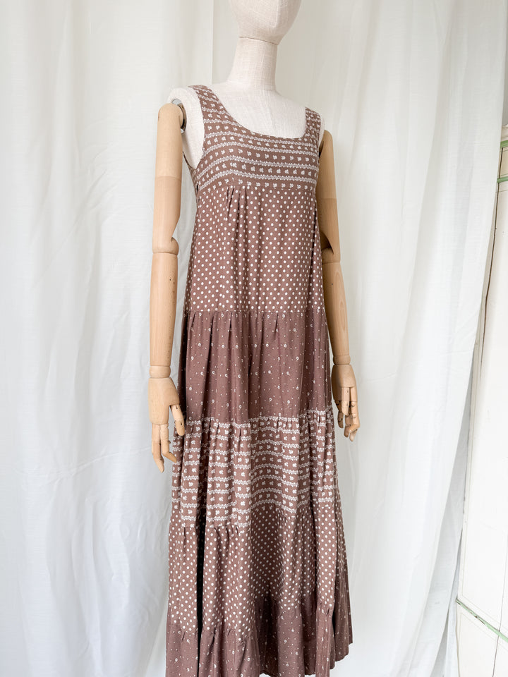 Gorgeous Soft Tawny Brown 1970s Cotton Bohemian Maxi Dress