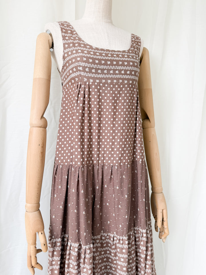 Gorgeous Soft Tawny Brown 1970s Cotton Bohemian Maxi Dress