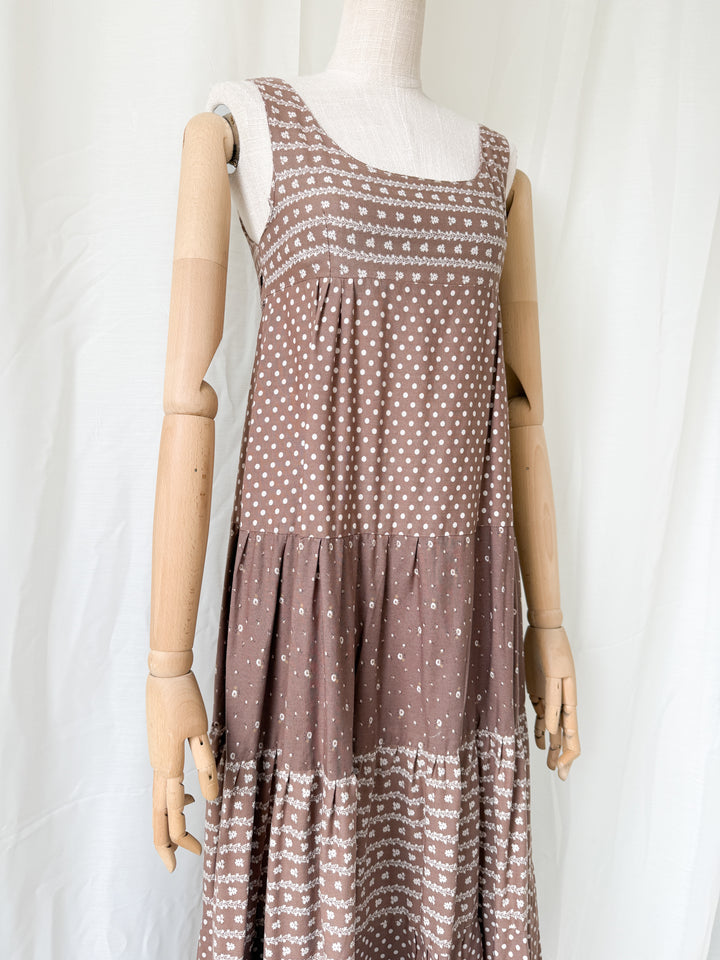 Gorgeous Soft Tawny Brown 1970s Cotton Bohemian Maxi Dress