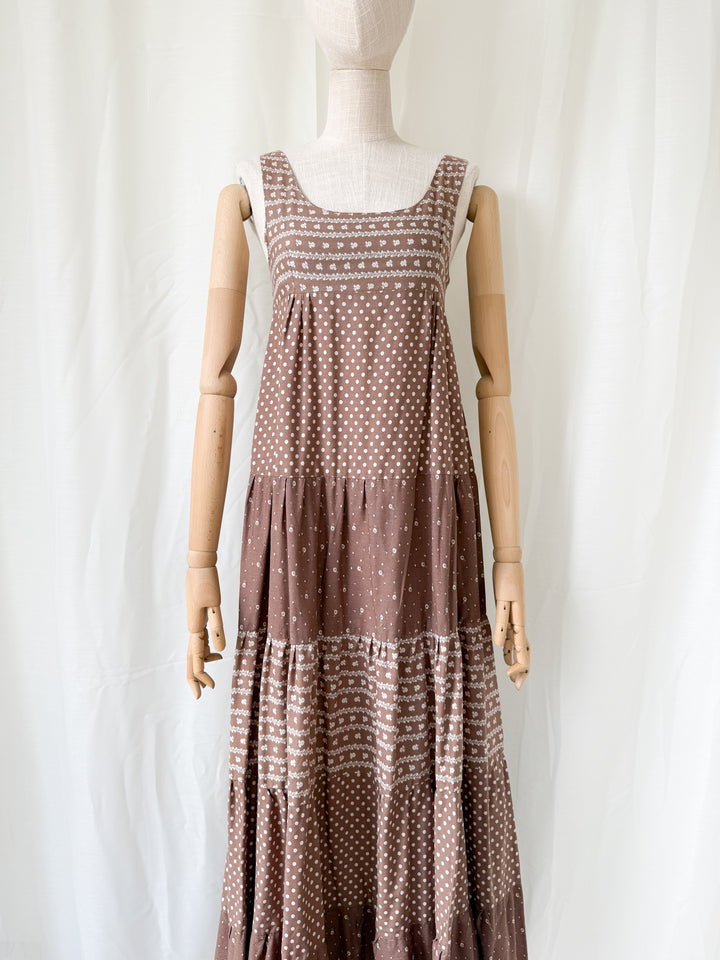 Gorgeous Soft Tawny Brown 1970s Cotton Bohemian Maxi Dress