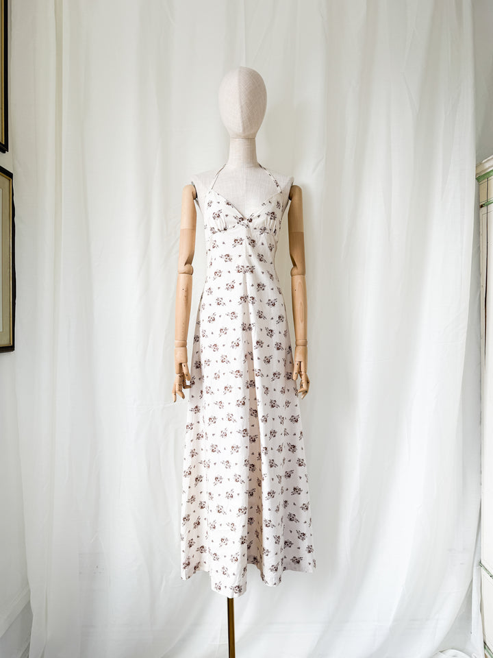 Divine 1970s Bohemian Cotton Halterneck Floral Maxi Dress