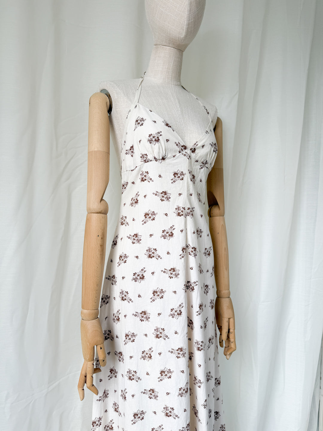 Divine 1970s Bohemian Cotton Halterneck Floral Maxi Dress