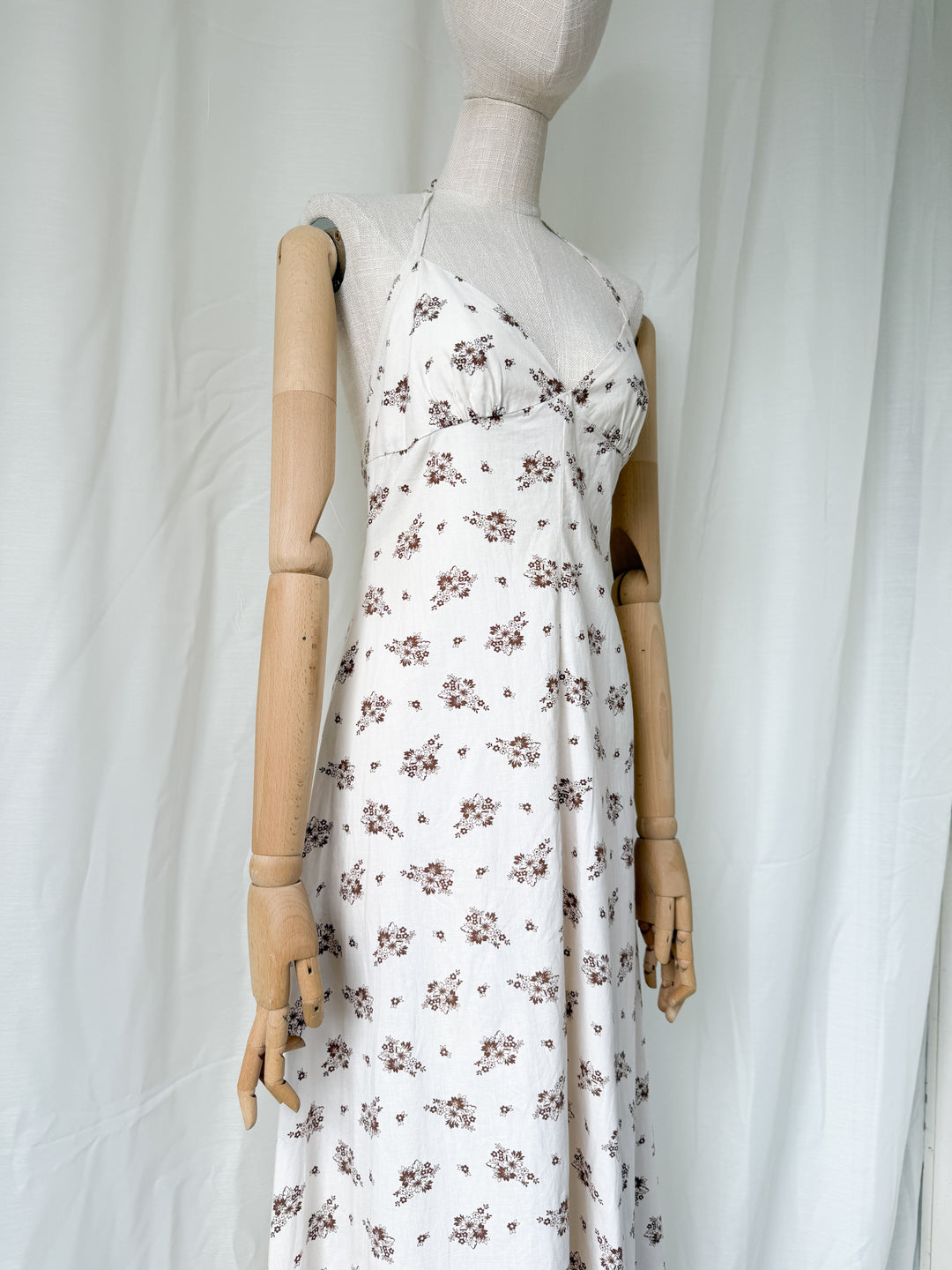 Divine 1970s Bohemian Cotton Halterneck Floral Maxi Dress
