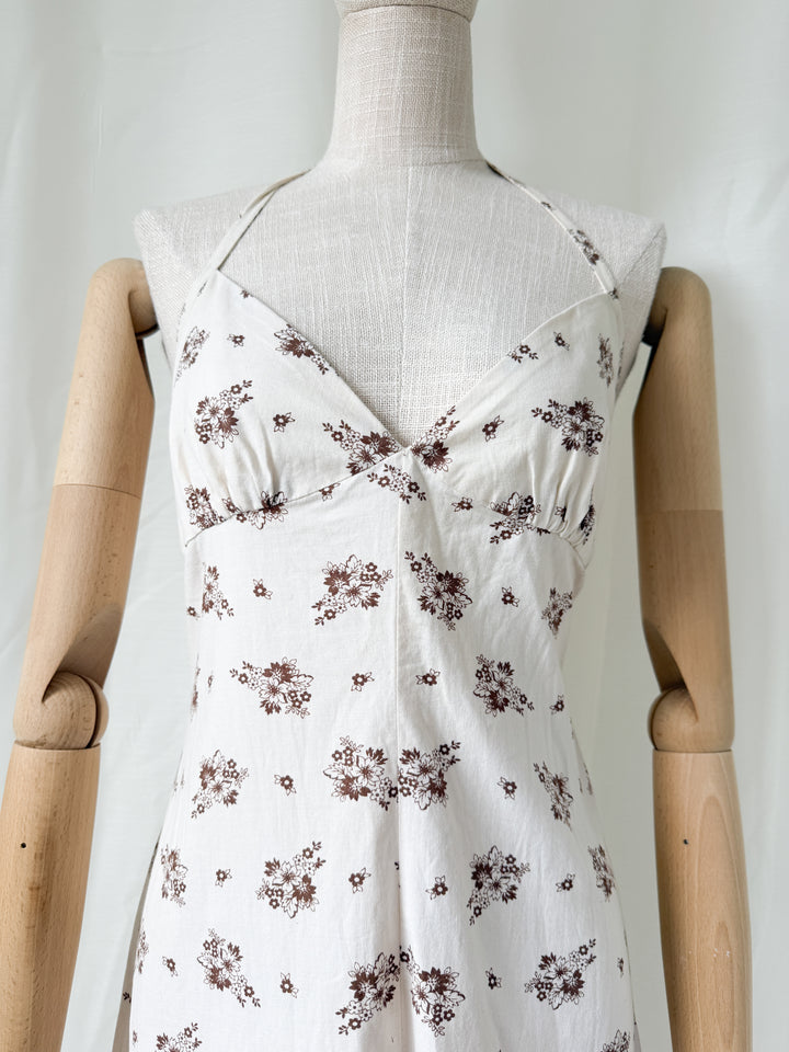 Divine 1970s Bohemian Cotton Halterneck Floral Maxi Dress