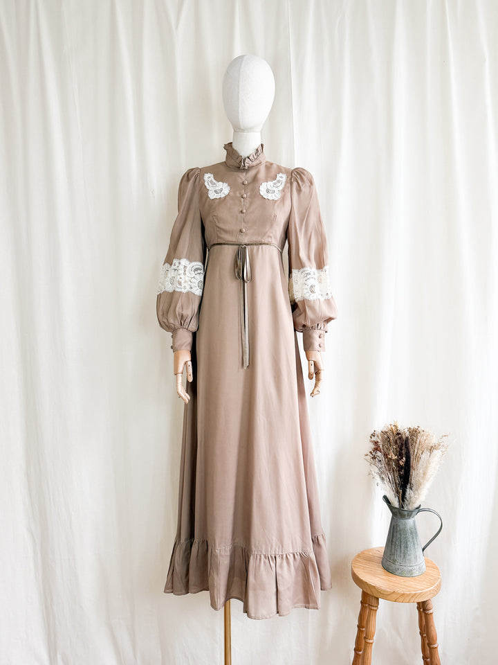 Divine 1970s soft tawny brown lace panelled victoriana maxi dress