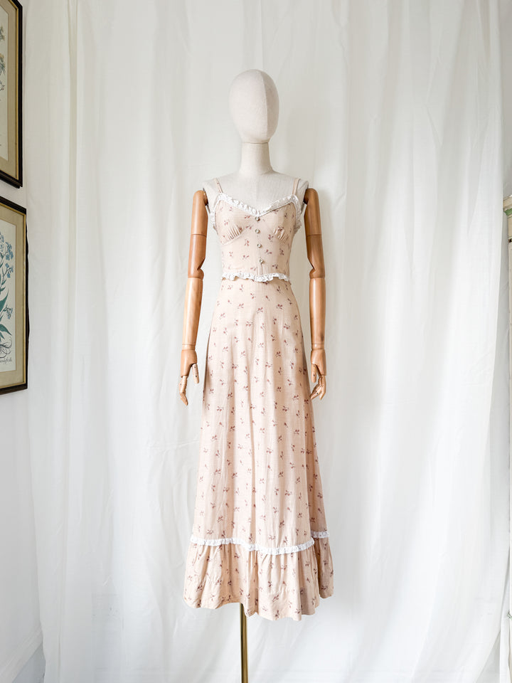 Beautiful Rare 1970s Lace Trimmed Soft Brown Cotton Sundress