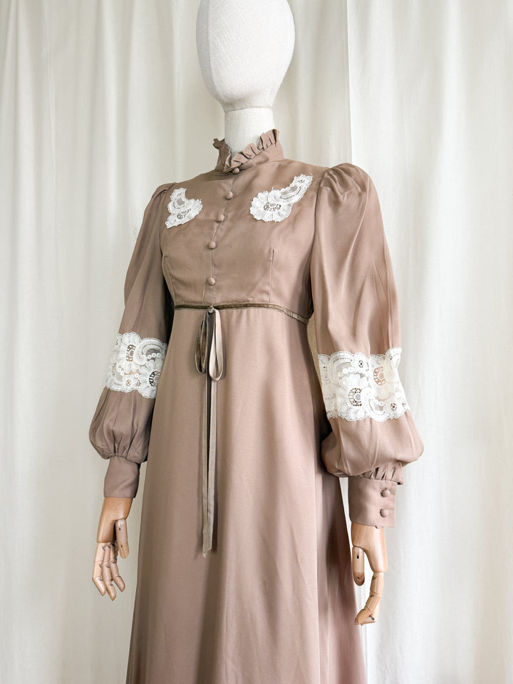 Divine 1970s soft tawny brown lace panelled victoriana maxi dress