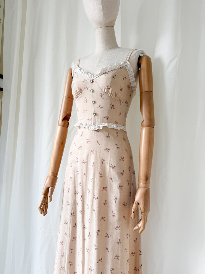 Beautiful Rare 1970s Lace Trimmed Soft Brown Cotton Sundress
