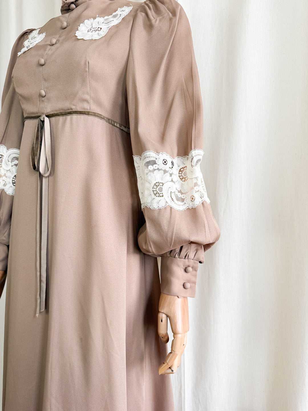 Divine 1970s soft tawny brown lace panelled victoriana maxi dress