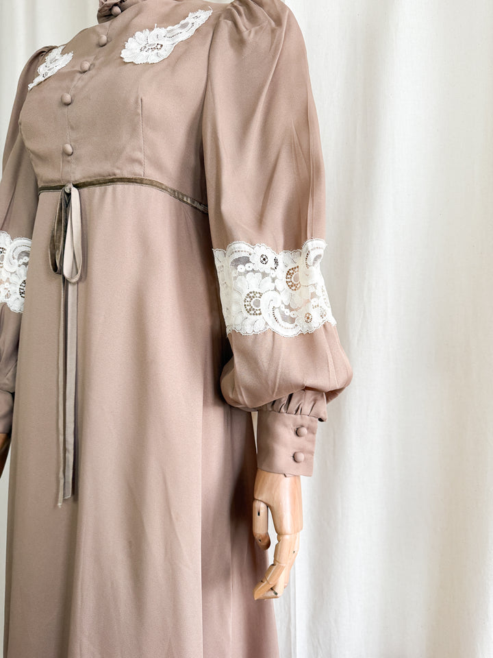 Divine 1970s soft tawny brown lace panelled victoriana maxi dress