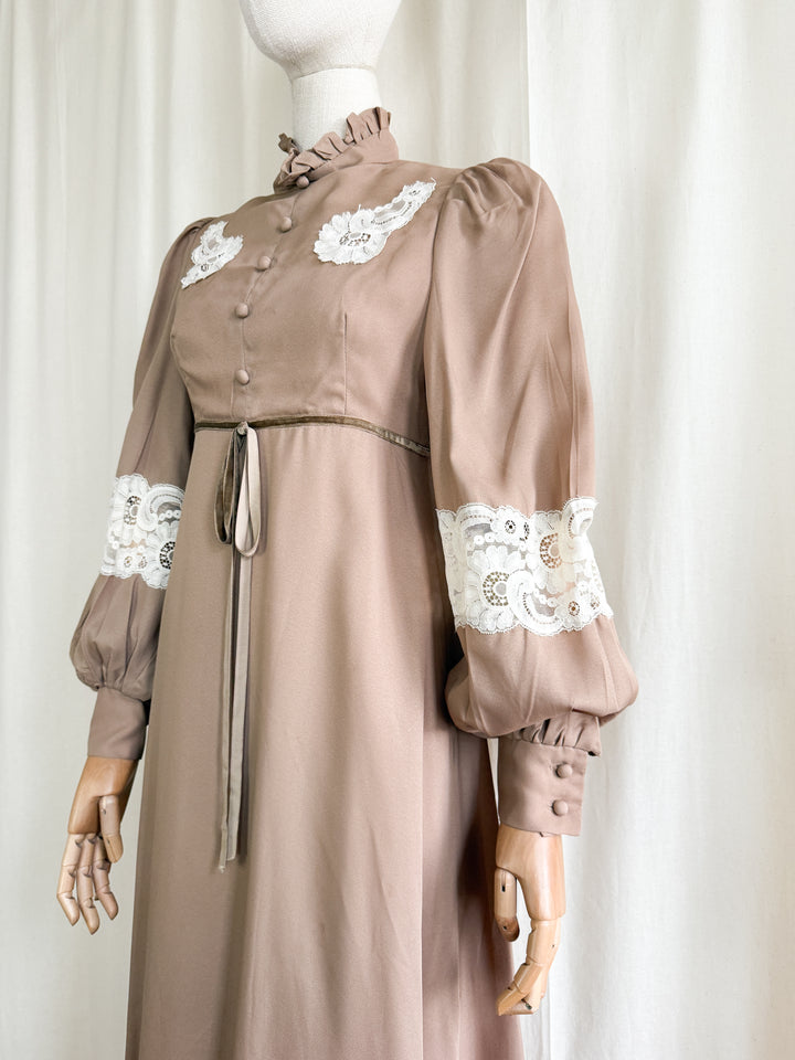 Divine 1970s soft tawny brown lace panelled victoriana maxi dress