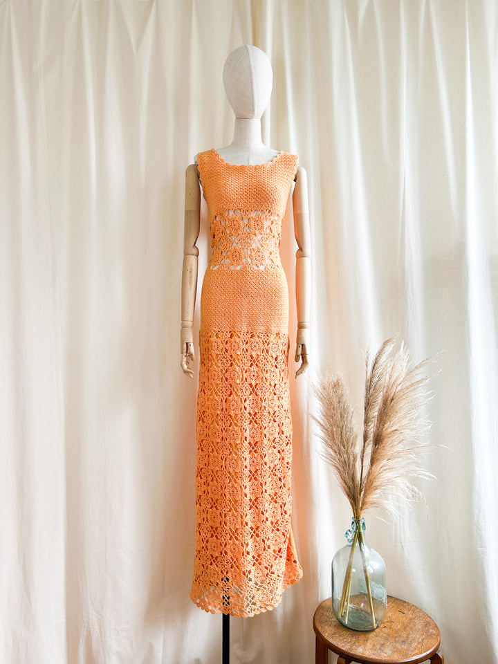 Iconic 1970s Orange Crochet Maxi Dress