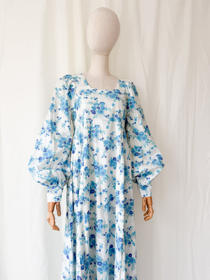 Incredible Rare 1970s Raw Cotton Billowing Sleeve Maxi Dress