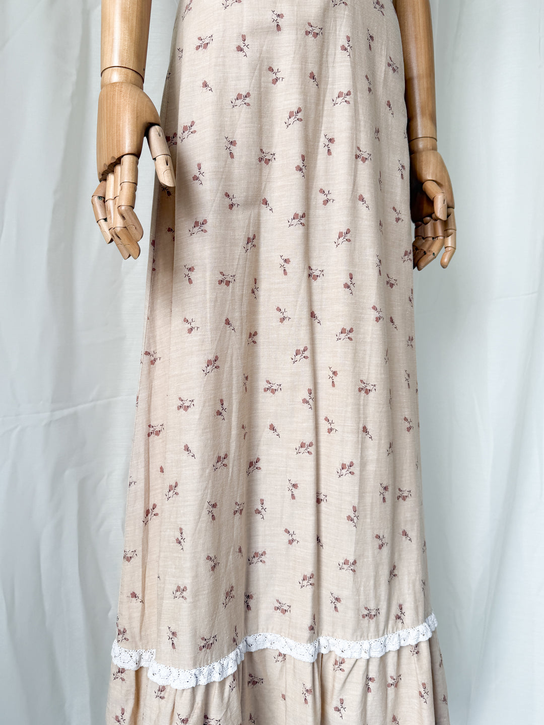 Beautiful Rare 1970s Lace Trimmed Soft Brown Cotton Sundress