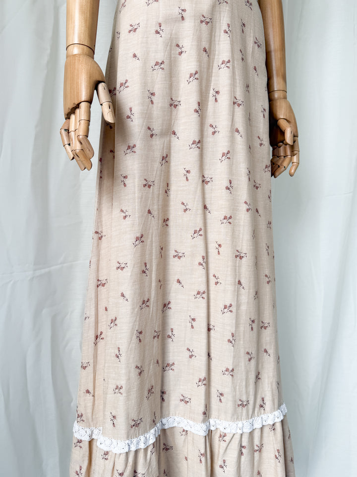 Beautiful Rare 1970s Lace Trimmed Soft Brown Cotton Sundress