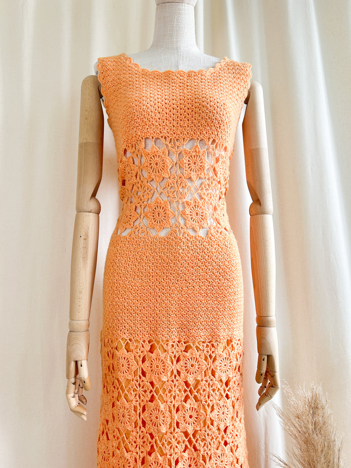 Iconic 1970s Orange Crochet Maxi Dress