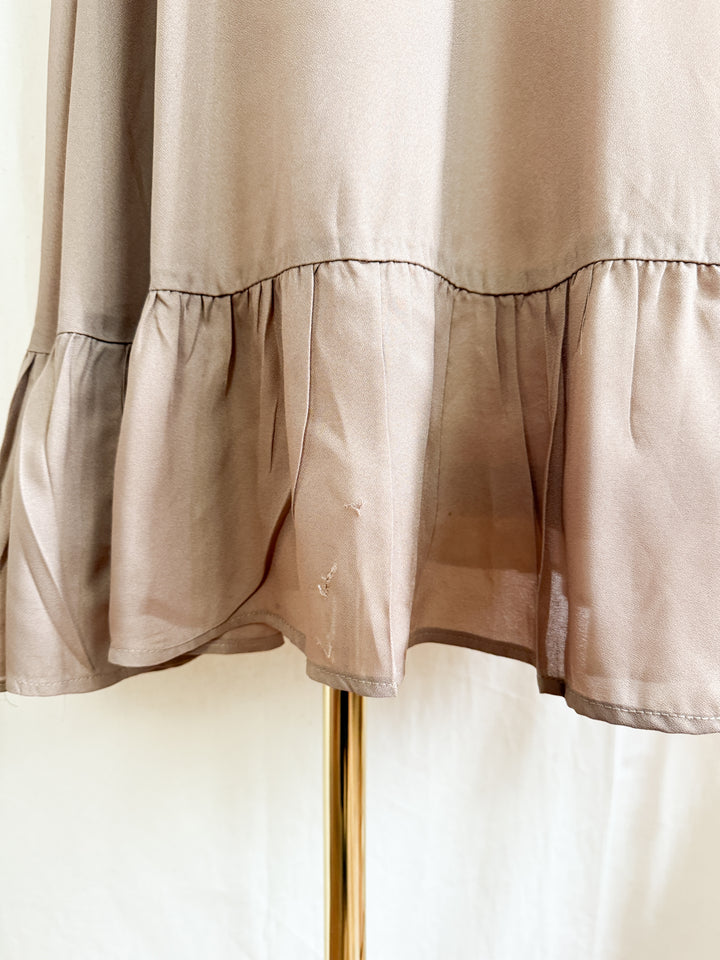 Divine 1970s soft tawny brown lace panelled victoriana maxi dress
