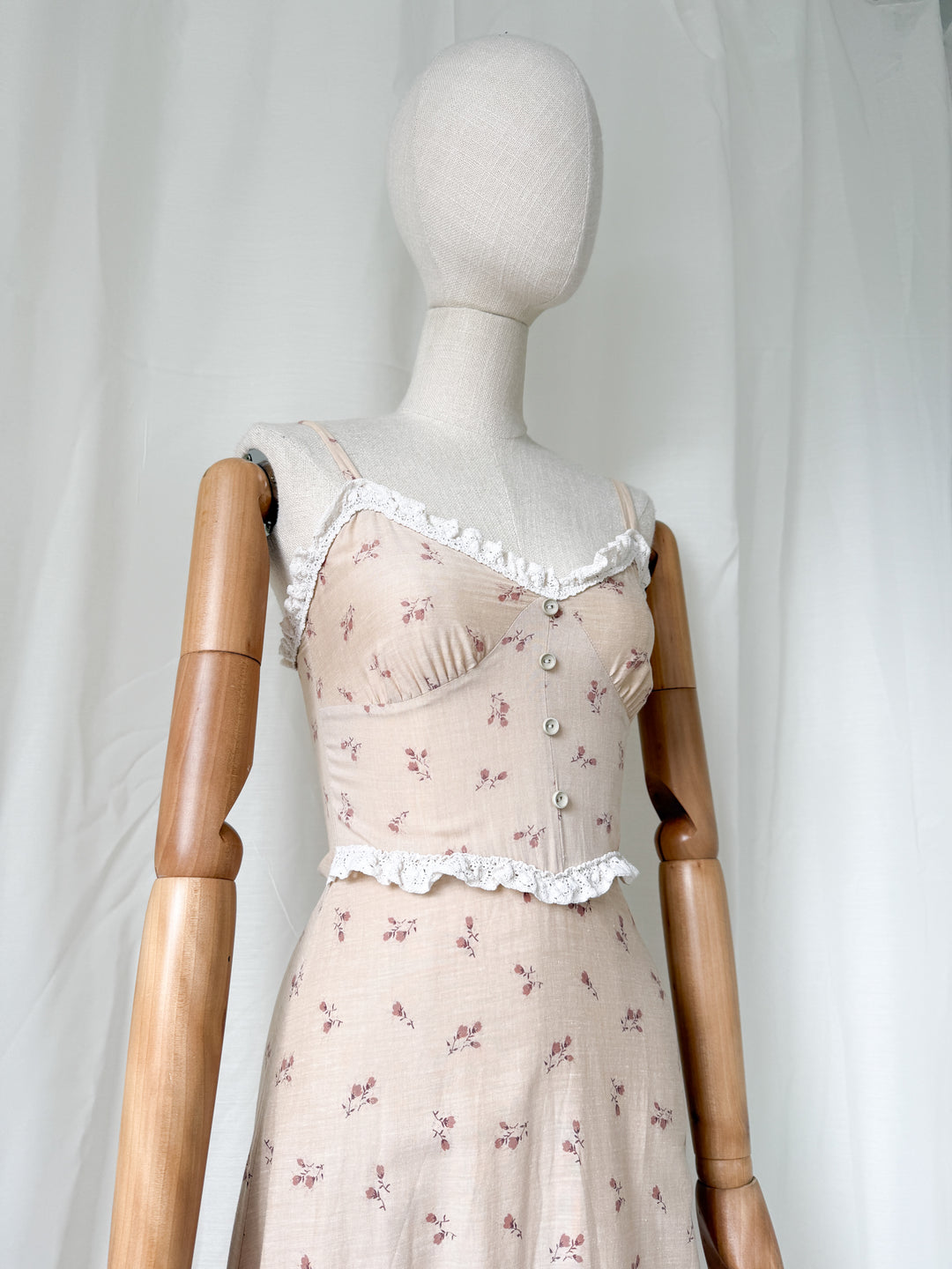 Beautiful Rare 1970s Lace Trimmed Soft Brown Cotton Sundress