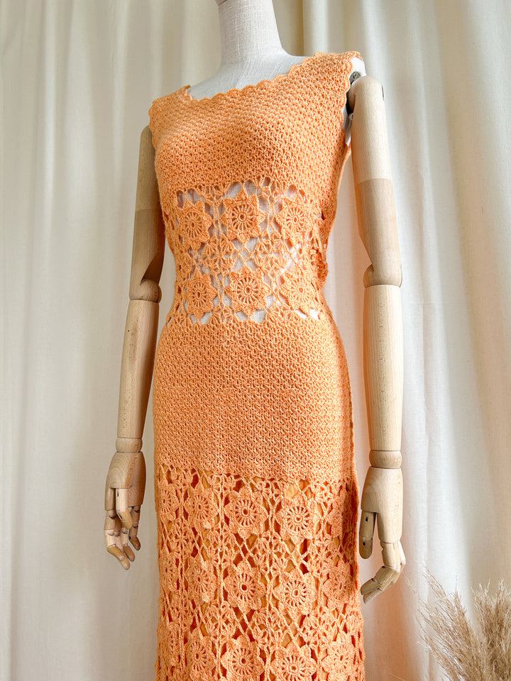 Iconic 1970s Orange Crochet Maxi Dress