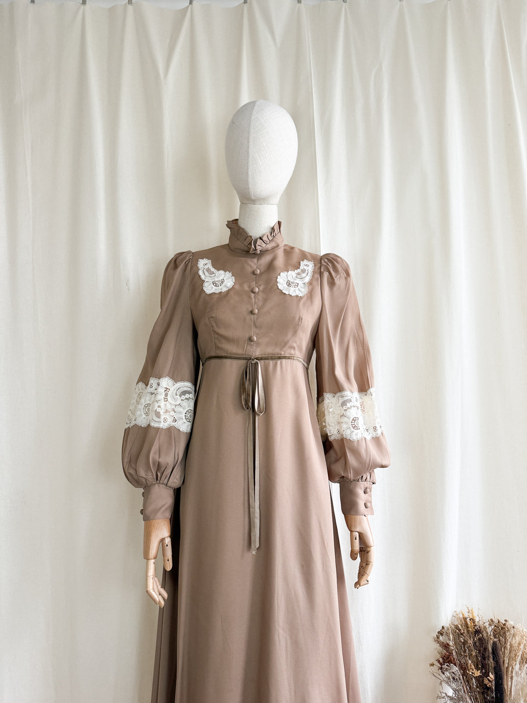 Divine 1970s soft tawny brown lace panelled victoriana maxi dress